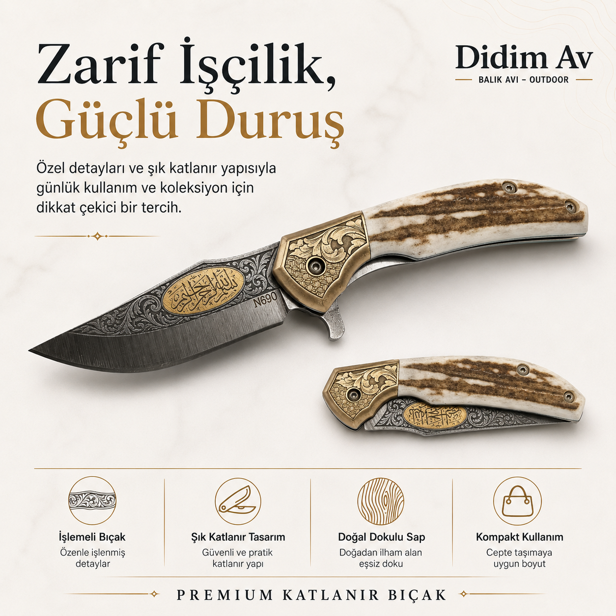 Özel El Yapımı Atın İşlemeli Geyik Boynuzu Kabza Çakı
