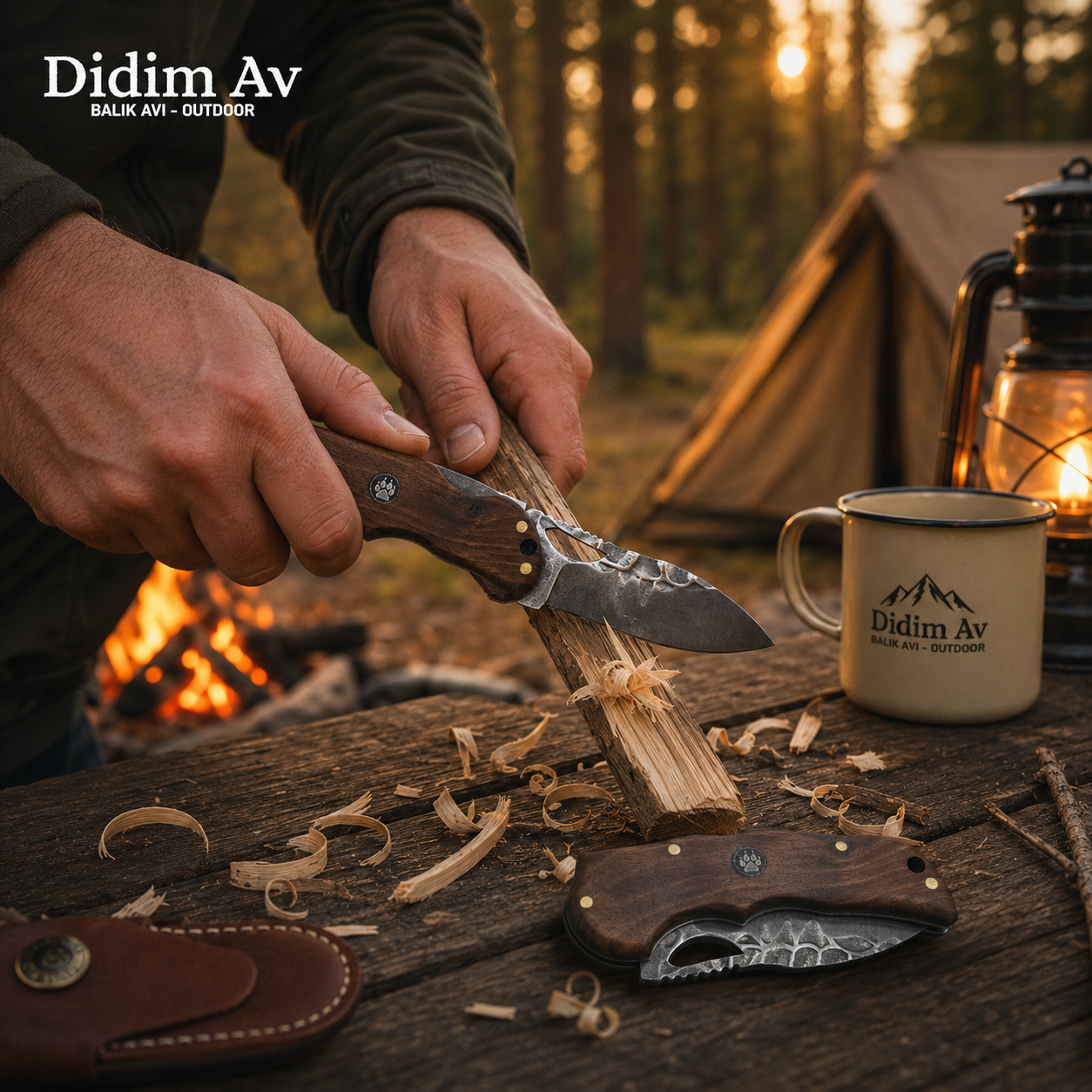 Ahşap Saplı Katlanır Cep Bıçağı – Desenli Çelik Görünümlü Outdoor Bıçak