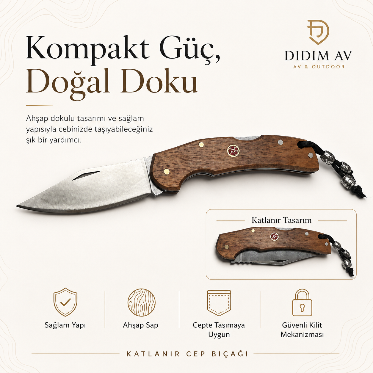 Ahşap Saplı Katlanır Cep Bıçağı – İpli ve Boncuk Detaylı Outdoor Bıçak - 20cm
