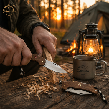 Ahşap Saplı Katlanır Cep Bıçağı – İpli ve Boncuk Detaylı Outdoor Bıçak - 20cm