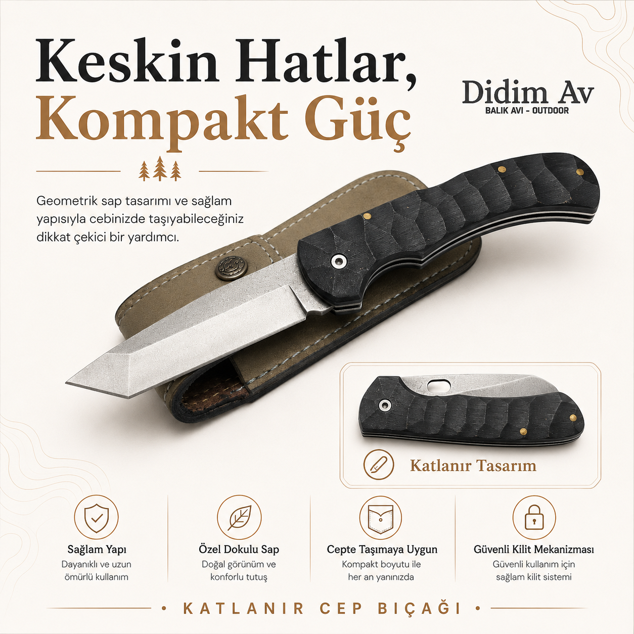 Ahşap Şaplı Sırttan Kilitli Tanto Çakı - 22cm