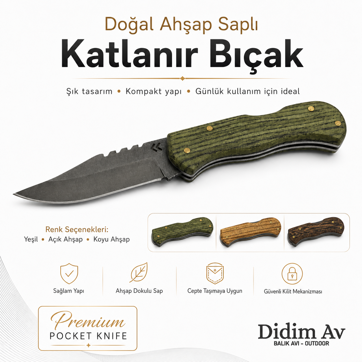 Ahşap Şaplı Sırttan Kilitli Çakı