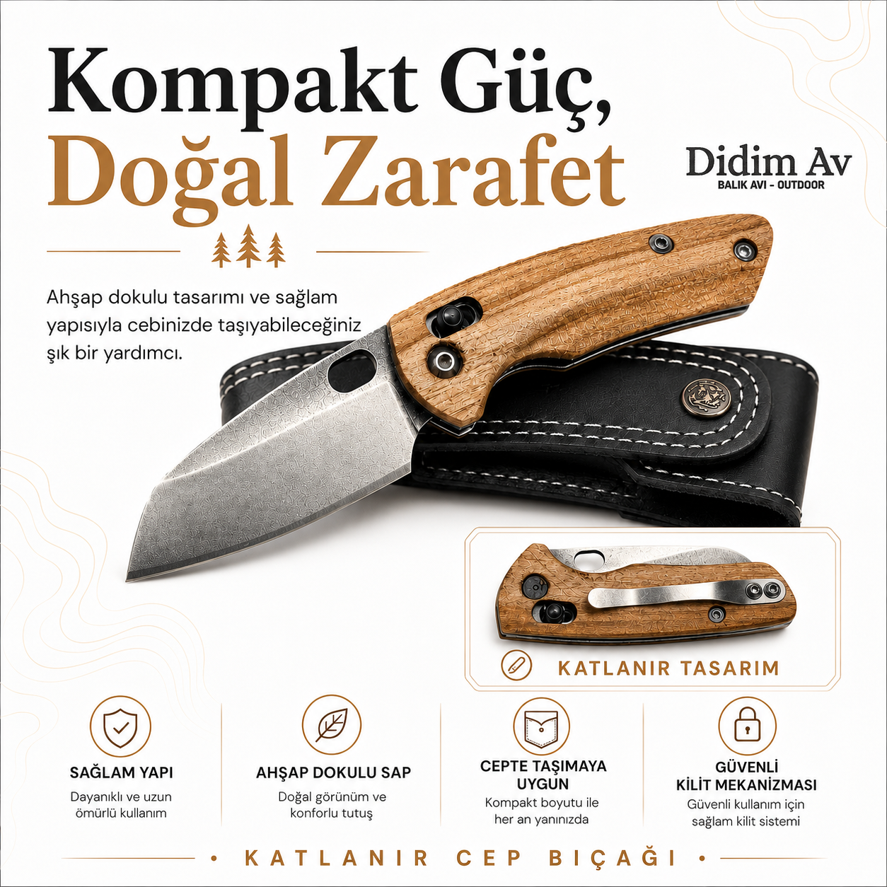 Doğal Ahşap Saplı Yandan Kilitli Katlanır Cep Bıçağı - 16cm