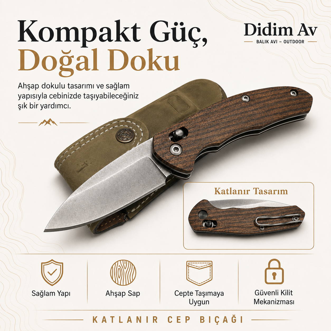 Doğal Ahşap Saplı Yandan Kilitli Katlanır Cep Bıçağı - 20cm